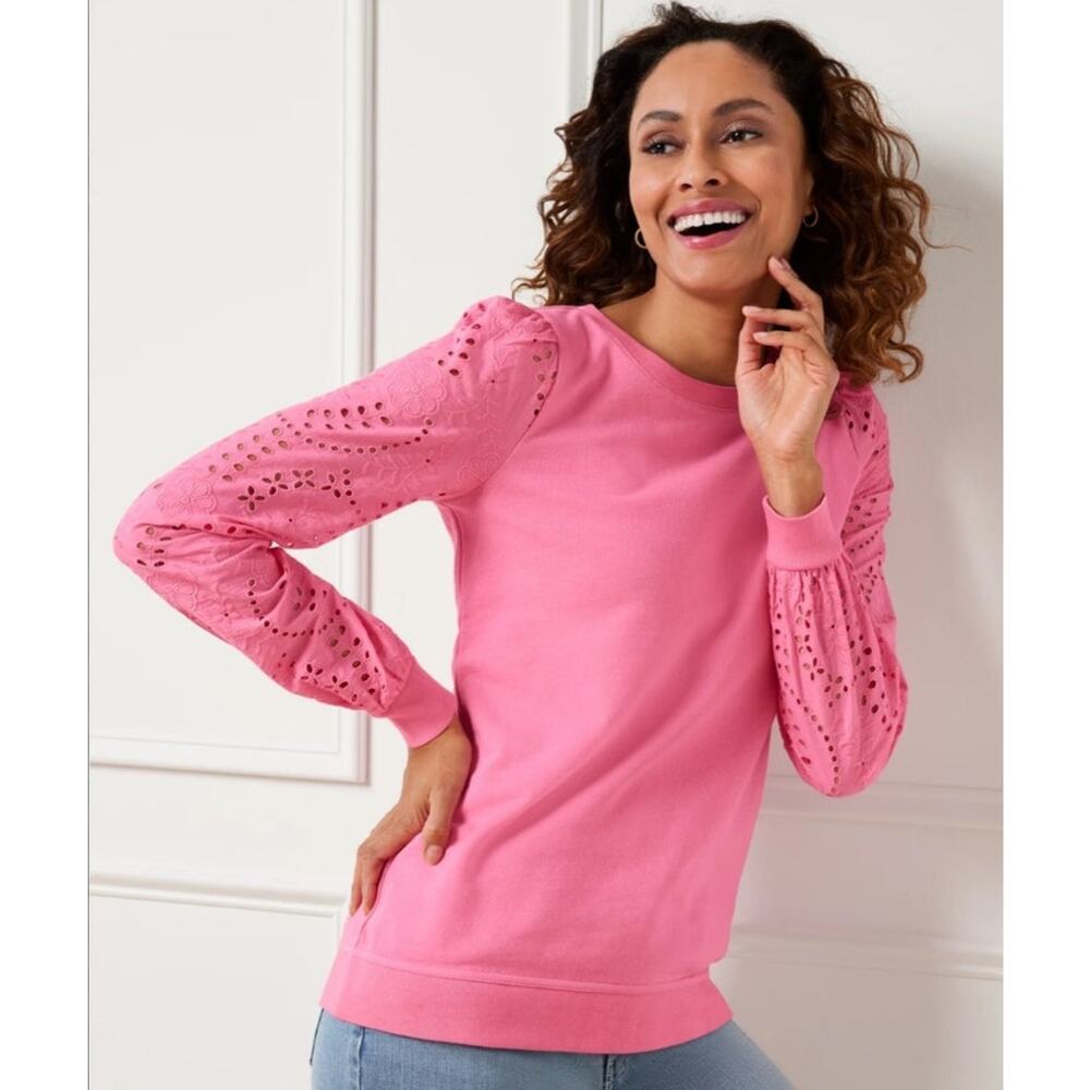 Talbots Pink Eyelet Long Sleeve Shirt Top Crewneck Pullover Lightweight Sweater